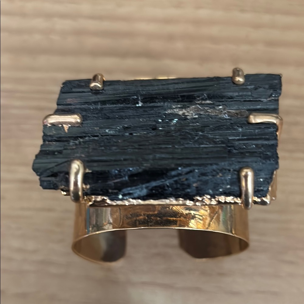 Black Tourmaline  Gold Cuff Bracelet